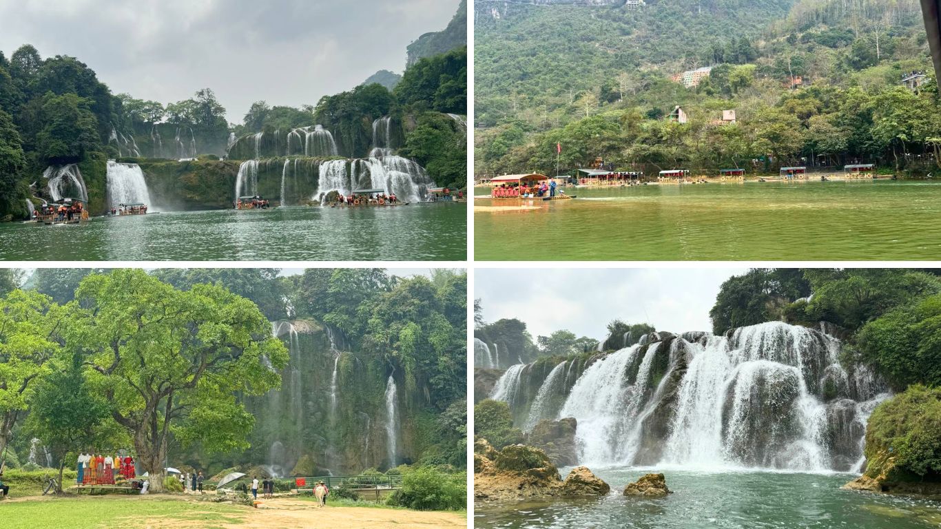 Four perspectives of Ban Gioc Waterfall in Cao Bang, Vietnam: the full wide view of the cascading falls with bamboo rafts on the river below (top left), traditional wooden rafts waiting on the calm green water with the forested Vietnam-China border hillside behind (top right), visitors standing beneath large trees on the riverbank with the waterfall framed in the background (bottom left), and a close-up of the powerful white cascades tumbling over moss-covered rocks into a clear pool (bottom right).