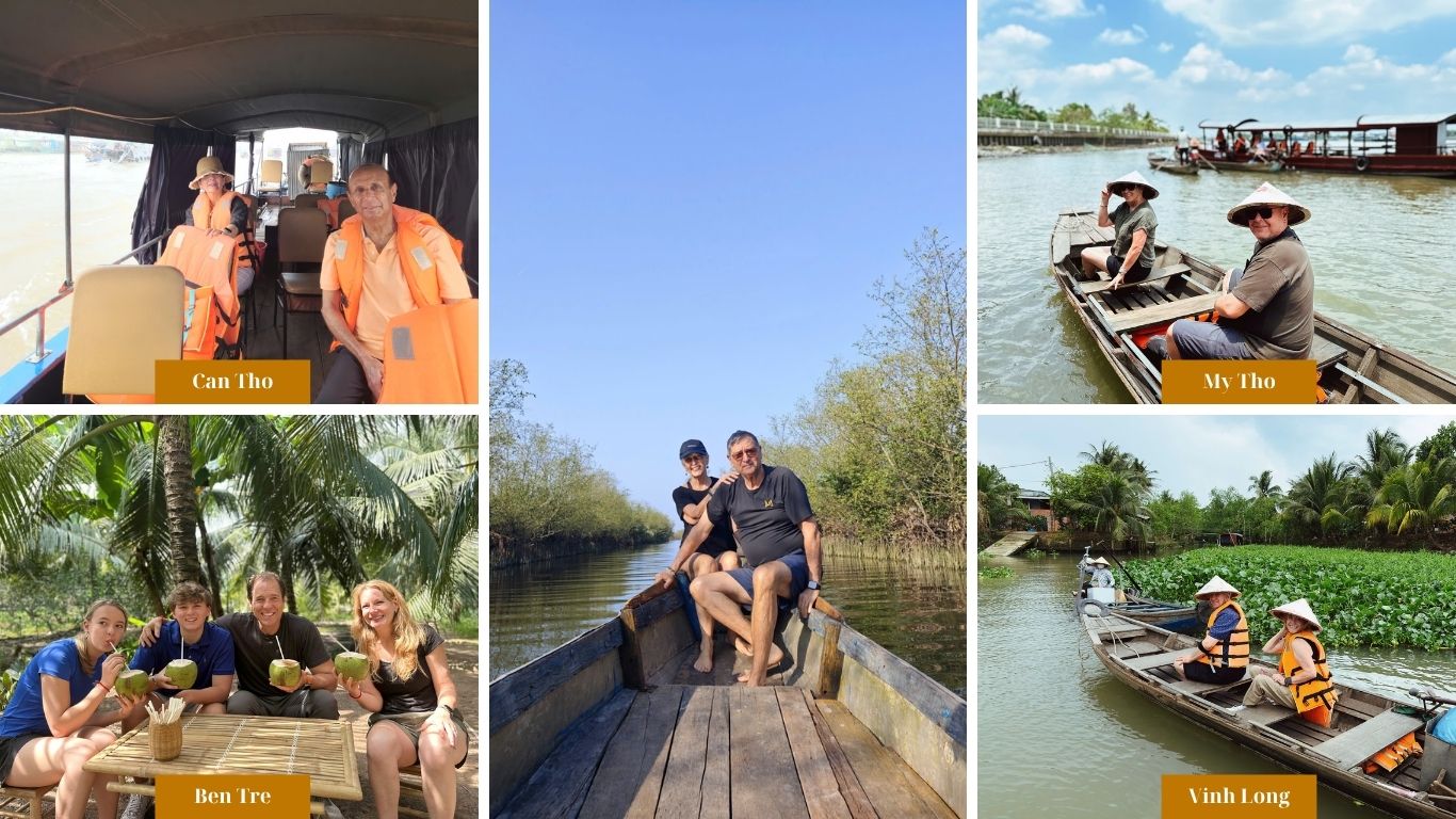 Travelers exploring four Mekong Delta destinations: a river cruise in Can Tho, fresh coconuts in Ben Tre, a canal boat through Vinh Long, and a wooden rowboat in My Tho