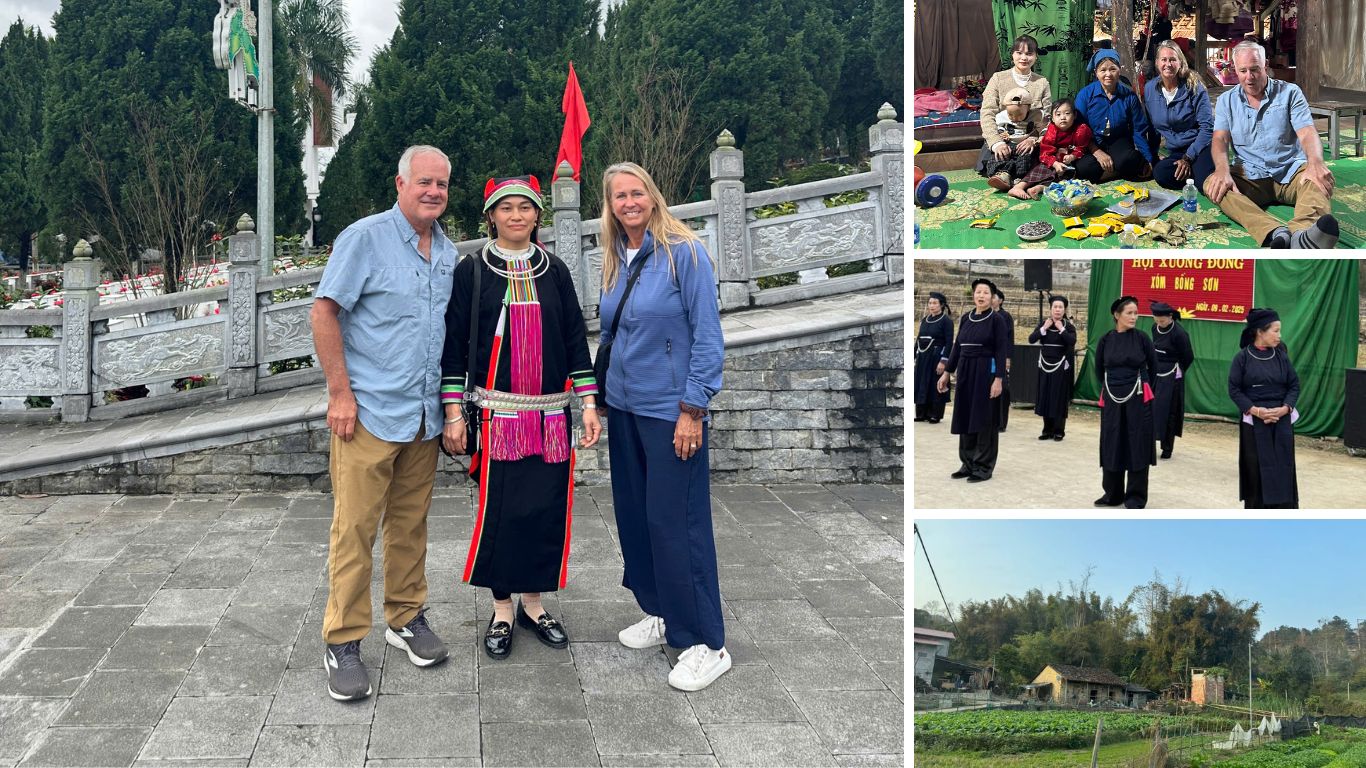 Travelers meeting locals in Cao Bang: posing with a Dao woman in traditional costume, sharing a meal with a village family, watching a Tay folk dance festival, and taking in the quiet rural countryside.