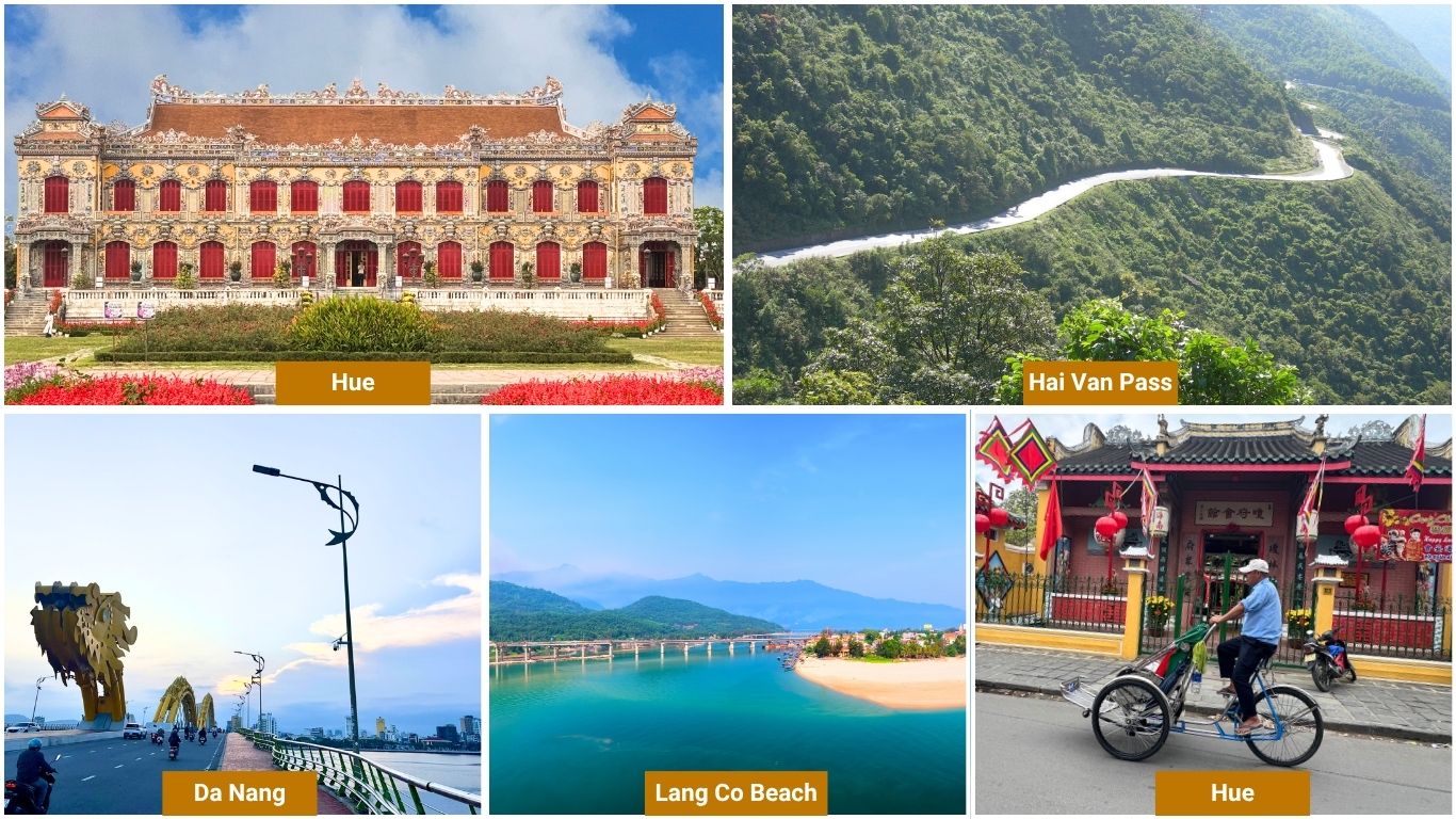 Collage of Central Vietnam highlights featuring Hue imperial palace, Hai Van Pass mountain road, Da Nang Dragon Bridge, Lang Co Beach, and a cyclo rider on the streets of Hue