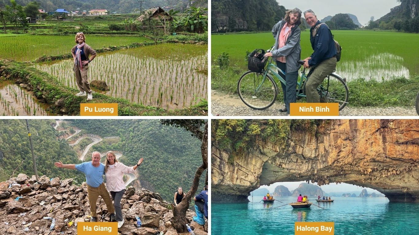 Travellers exploring Pu Luong rice terraces, cycling Ninh Binh countryside, hiking Ha Giang and boating through Halong Bay caves