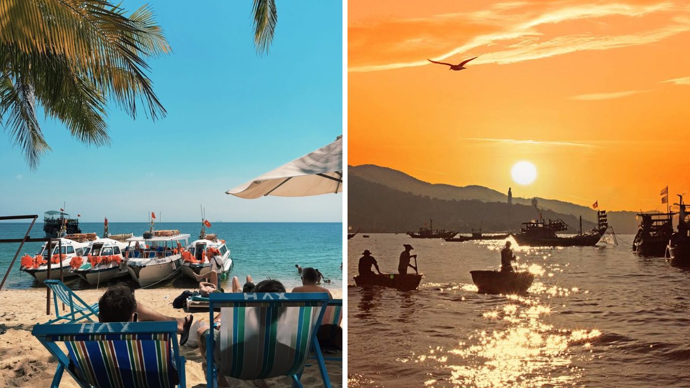  Travellers relaxing on sun loungers at Da Nang beach with boats on calm clear water and palm trees in the foreground
