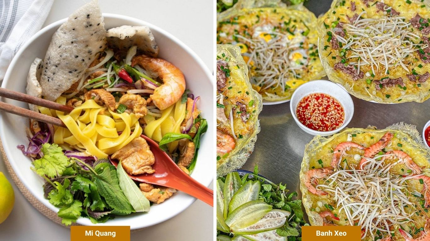 Da Nang local food featuring a bowl of Mi Quang turmeric noodles with shrimp and herbs alongside crispy Banh Xeo savory crepes with dipping sauce