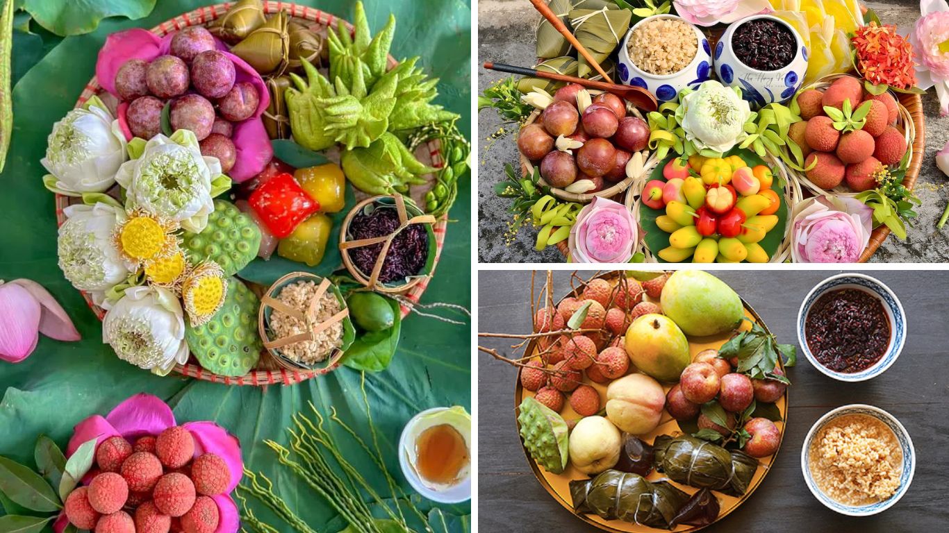 Vietnamese Doan Ngo Festival trays with lychees, plums, banh tro and lotus flowers.
