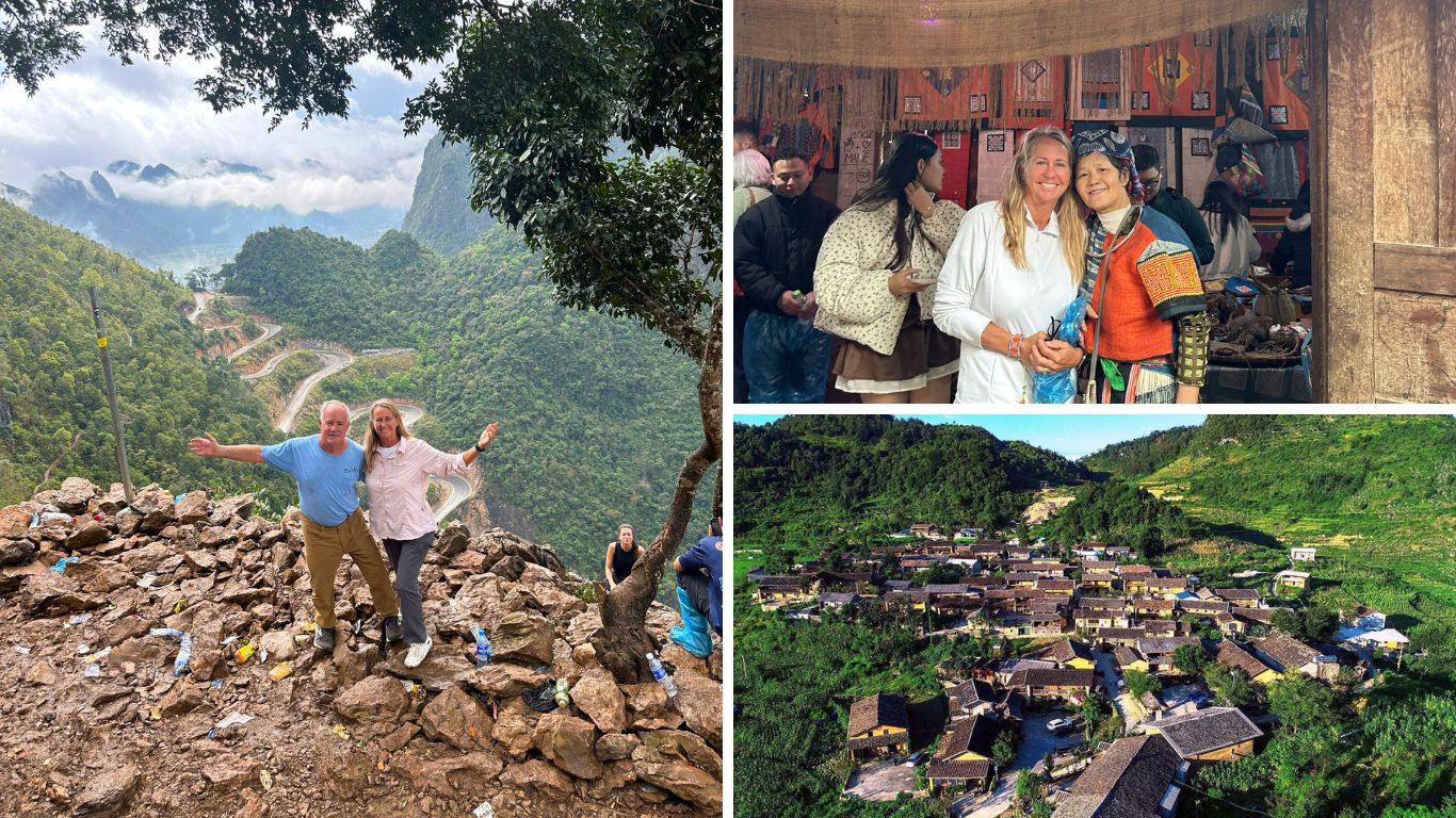 Three highlights of Ha Giang: a couple standing on a rocky overlook above a winding mountain pass with cloud-covered peaks behind (left), a traveler smiling with a H'mong woman in traditional orange embroidered clothing at a local market (top right), and an aerial view of a dense traditional stone house village nestled between green forested hills (bottom right).