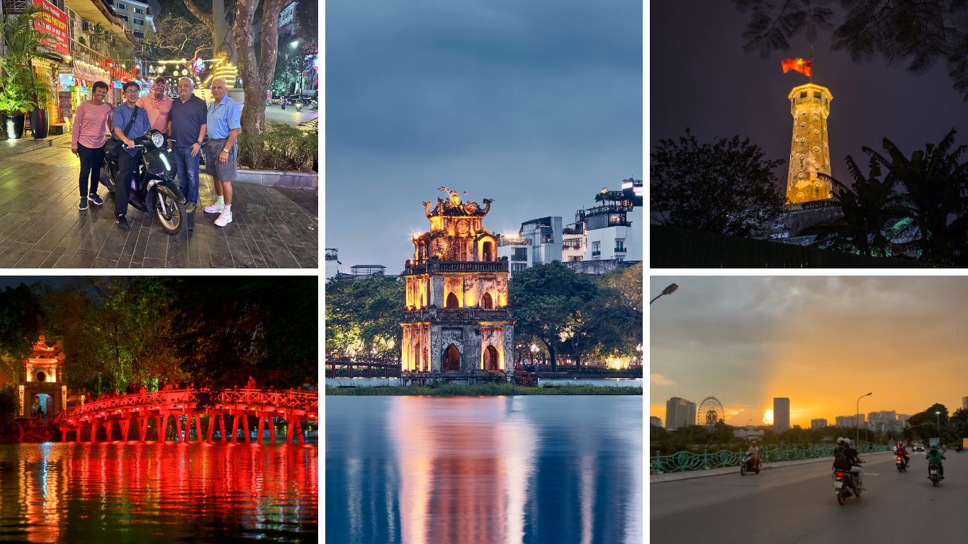 Hanoi at night featuring Hoan Kiem Lake, Turtle Tower, Huc Bridge and the Old Quarter lit up after dark.
