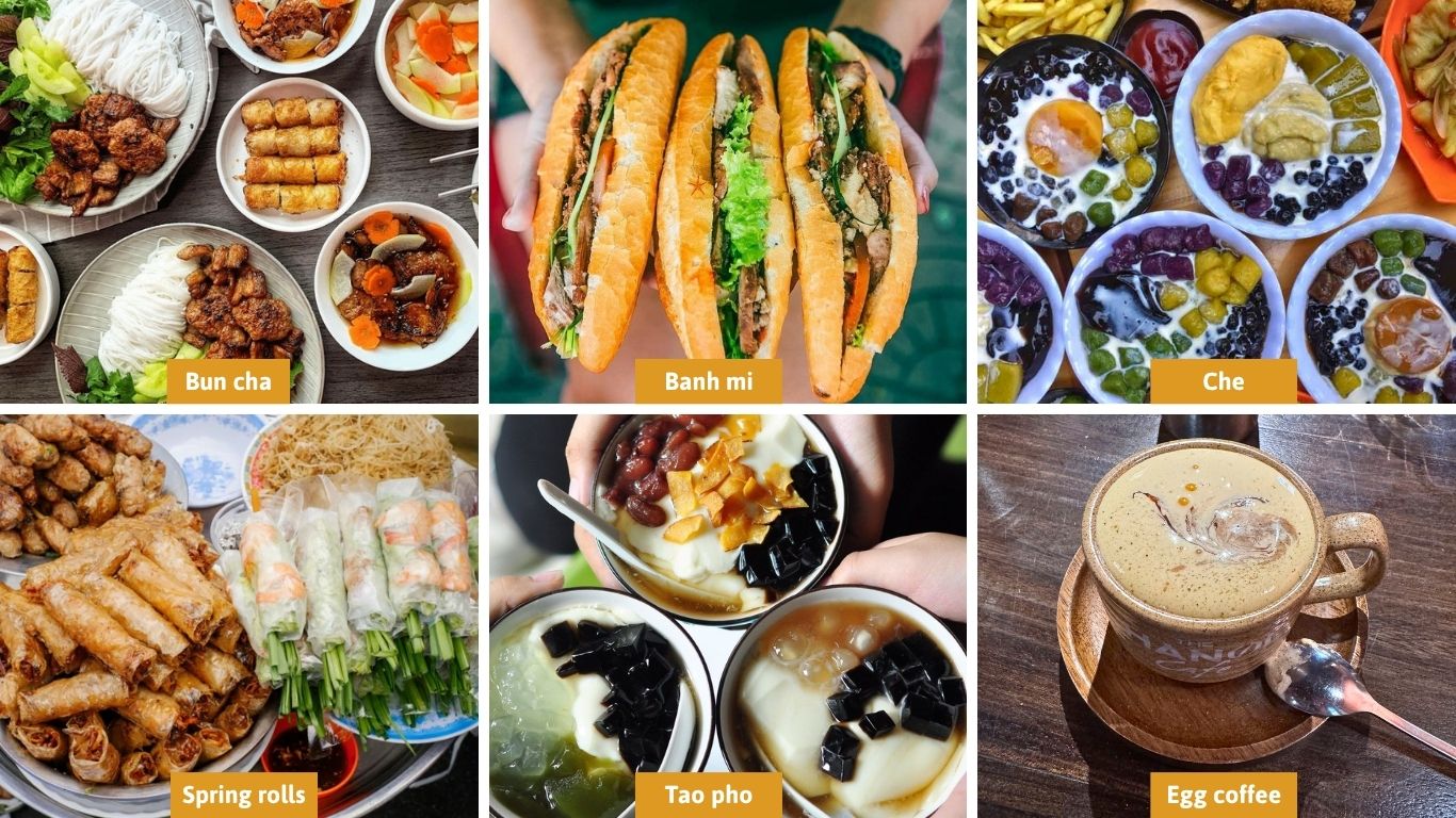 Hanoi street food including bun cha, banh mi, che, spring rolls, tao pho and egg coffee.