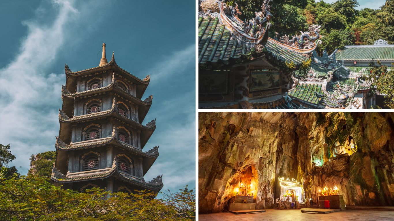 Collage of Marble Mountains in Da Nang showing a multi-tiered pagoda tower, dragon-adorned temple rooftop, and a glowing cave shrine inside the limestone hills