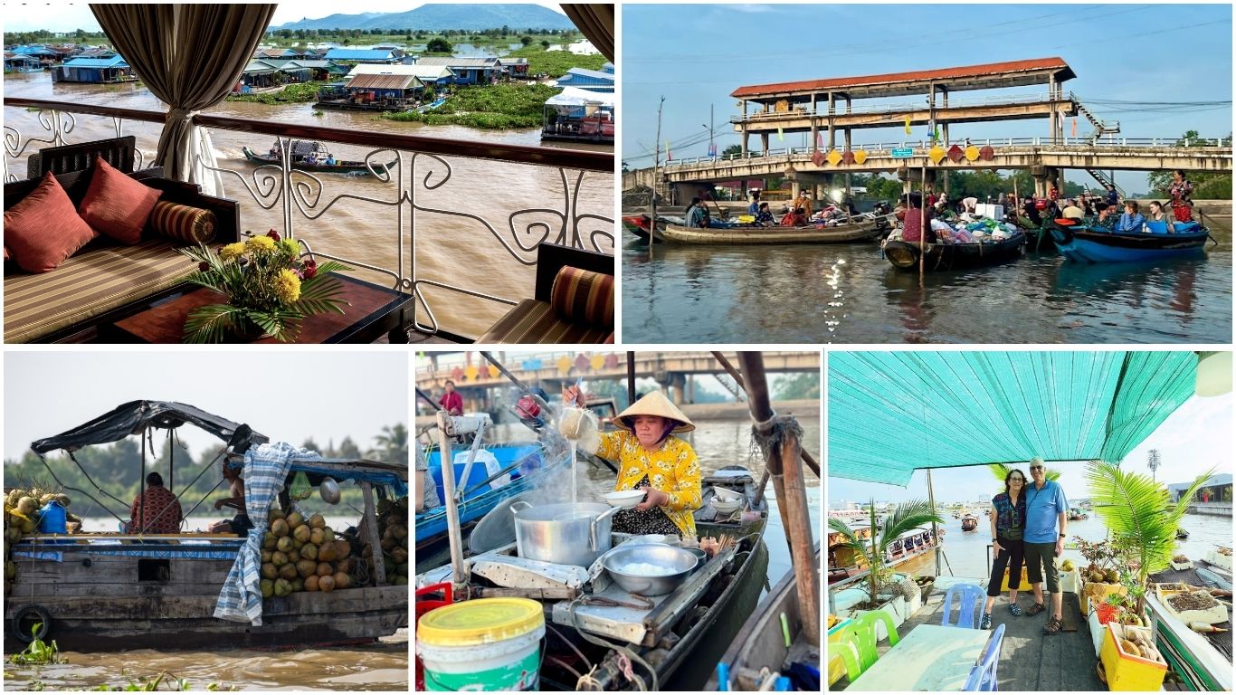 Mekong Delta floating market scenes: a luxury cruise deck overlooking the river, busy boats under a bridge, a coconut vendor boat, a local woman cooking on her boat, and travelers on a floating market deck