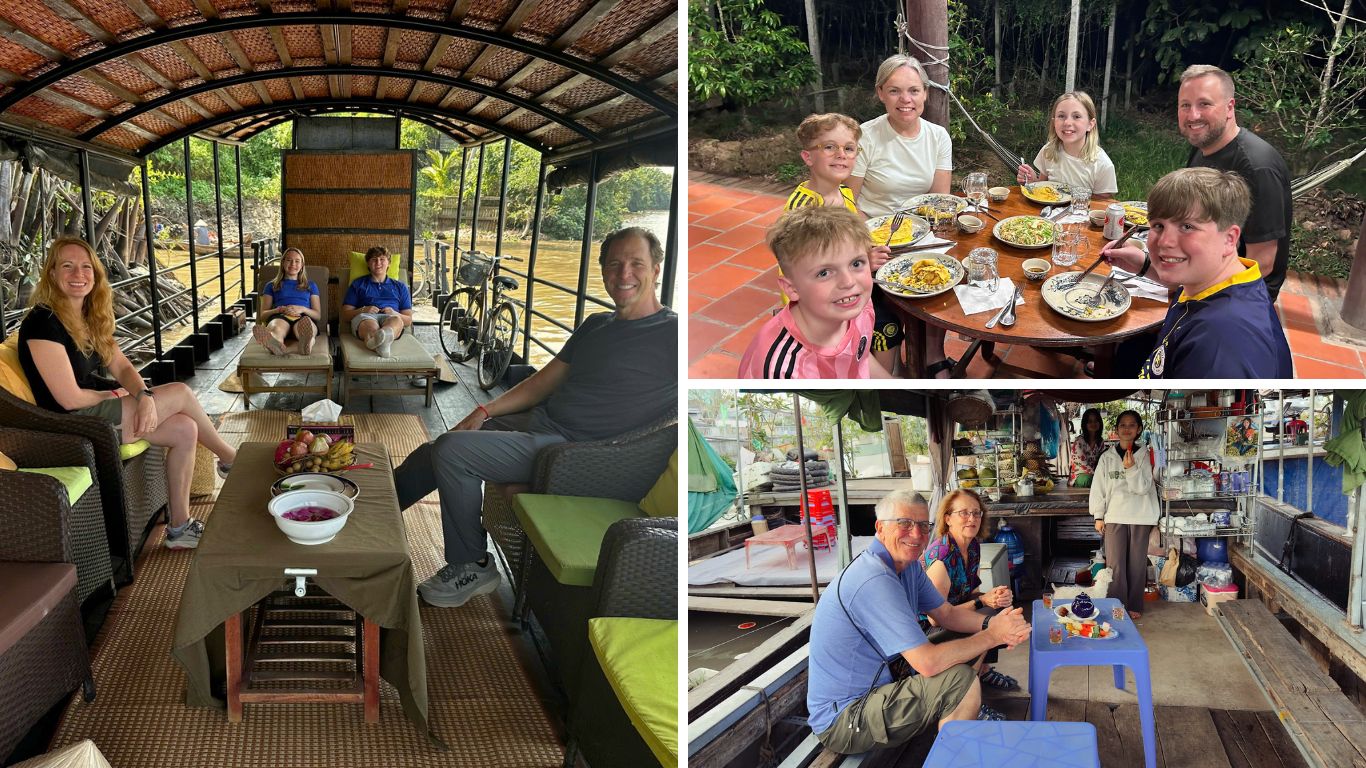 Travelers dining and relaxing in the Mekong Delta: a family on a river cruise boat, a group enjoying a local meal outdoors, and a couple having tea on a floating vendor boat