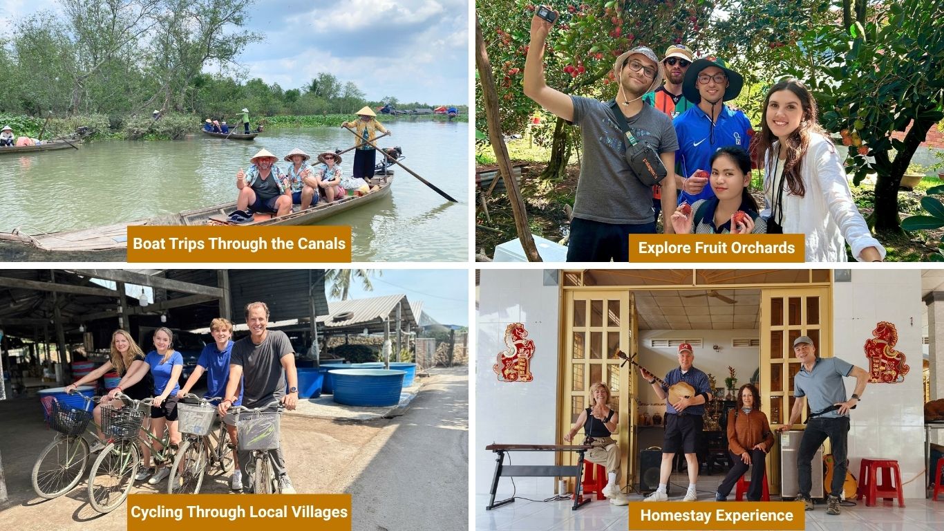 Travelers enjoying four Mekong Delta experiences in May: a wooden boat ride through the canals, a fruit orchard visit, cycling through local villages, and a traditional homestay with live music