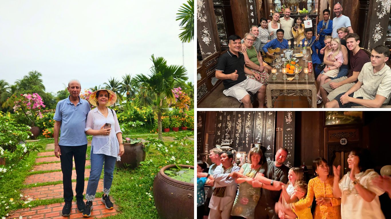 Travelers experiencing Mekong Delta homestays: a couple strolling through a garden lodge, a group gathering inside a traditional wooden house, and guests joining a local cultural dance evening