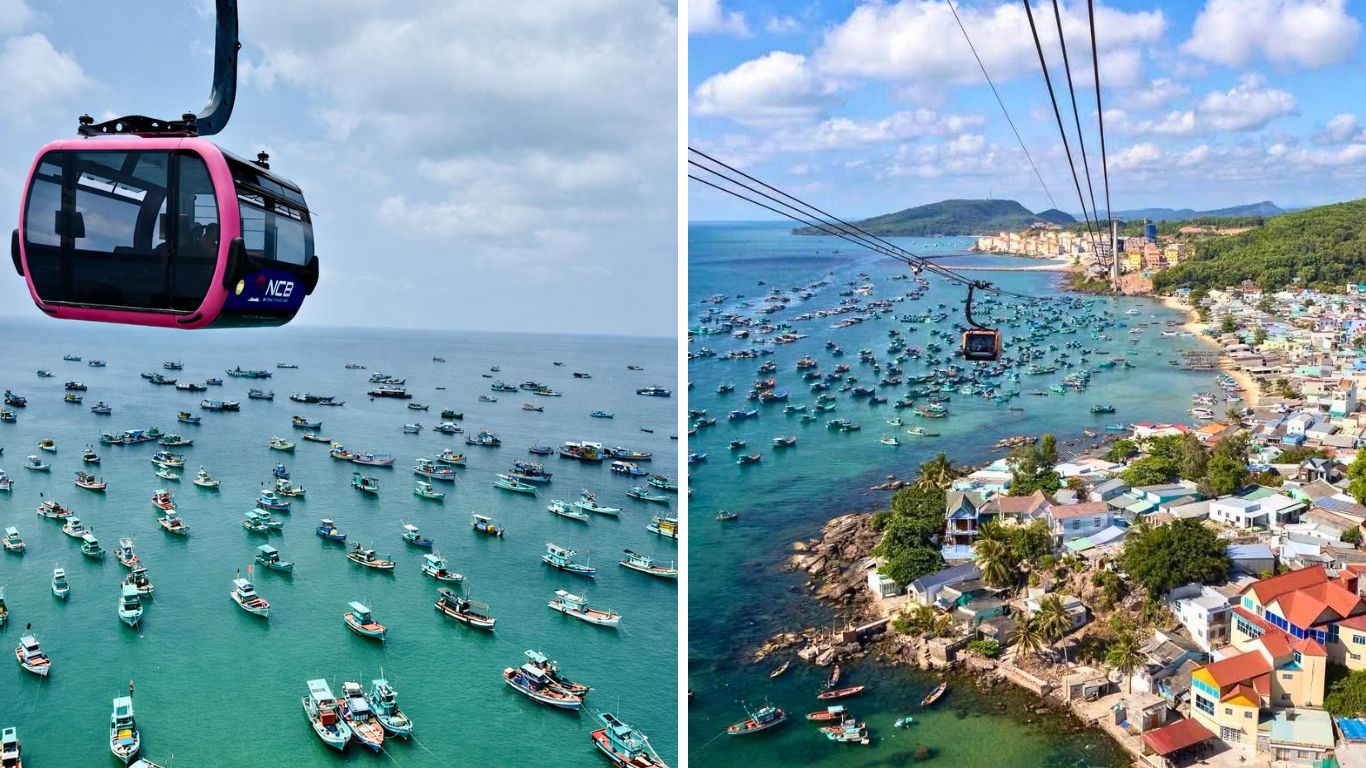Hon Thom Cable Car in Phu Quoc crossing above a bay filled with fishing boats, with a colorful coastal village and green hillside visible below.