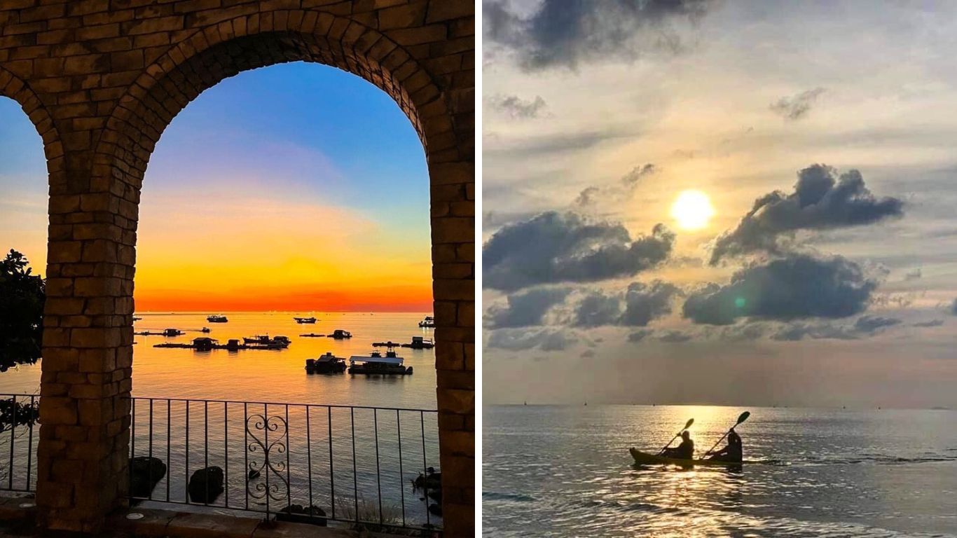 Phu Quoc sunset viewed through a stone arch, with fishing boats silhouetted on the golden water of the Gulf of Thailand.