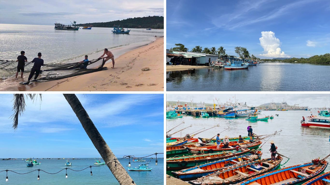 Collage of Phu Quoc fishing villages showing local fishermen hauling nets on a sandy beach, colorful fishing boats moored at a quiet harbour, a palm-fringed shoreline with small boats on calm water, and fishermen working on vibrant wooden boats at a busy local pier.