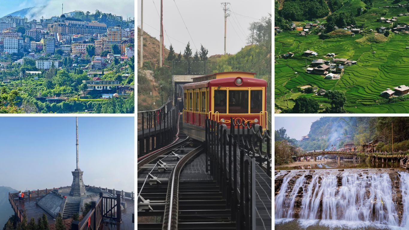 Sapa highlights in June including town, Fansipan funicular, green rice terraces, summit viewpoint and Love Waterfall