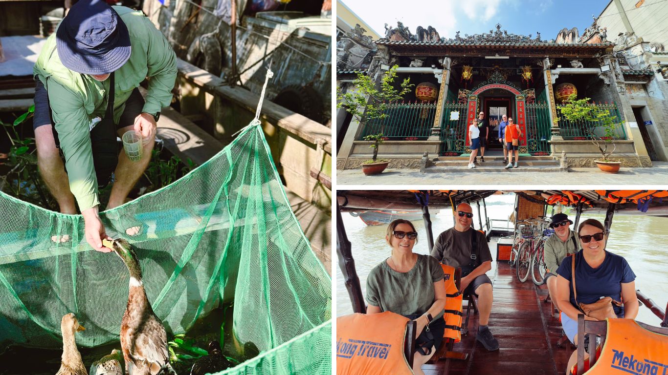 Collage of southern Vietnam experiences showing a traveler handling a fishing net with ducks on a Mekong Delta river tour, a group of tourists posing in front of an ornate Chinese temple in Ho Chi Minh City, and four travelers smiling on a traditional wooden boat during a Mekong river cruise.
