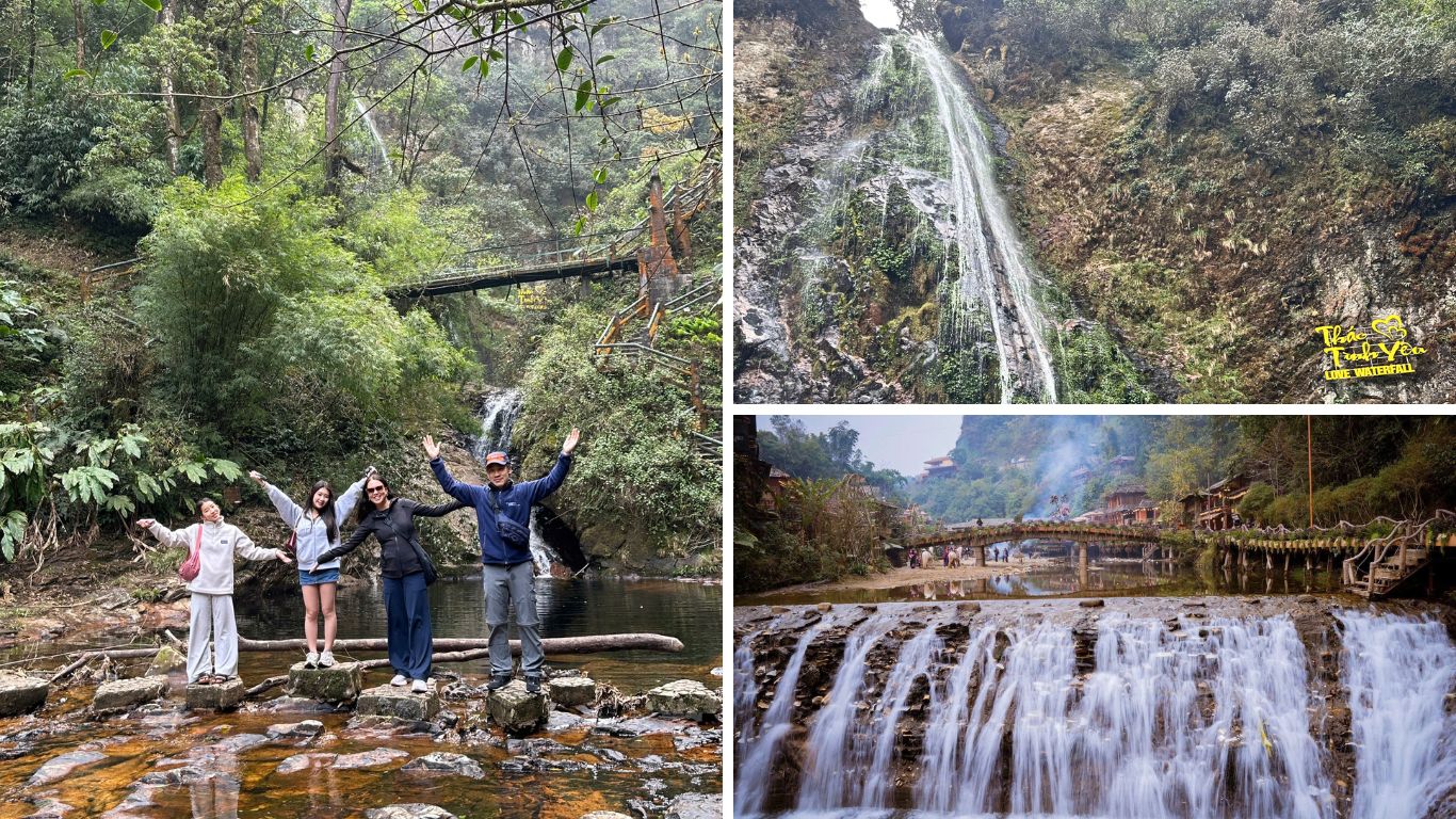Visitors at Love Waterfall in Sapa surrounded by lush jungle and cascading water