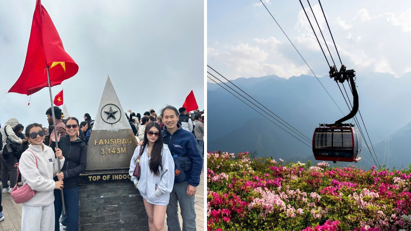Visitors at Fansipan summit sign at 3143m with Vietnamese flag and cable car ascending through pink flowers and mountain views