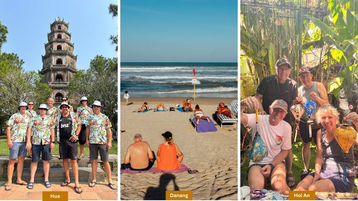 Travel group posing in front of Thien Mu Pagoda in Hue, tourists relaxing on a sunny Da Nang beach, and visitors enjoying a lantern making experience in Hoi An