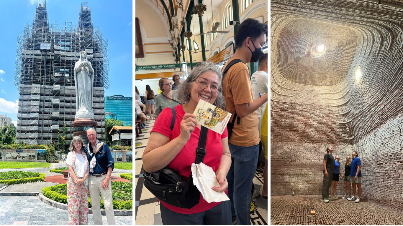 Tourists visiting Notre Dame Cathedral, Saigon Central Post Office and Cu Chi Tunnels in Ho Chi Minh City in June