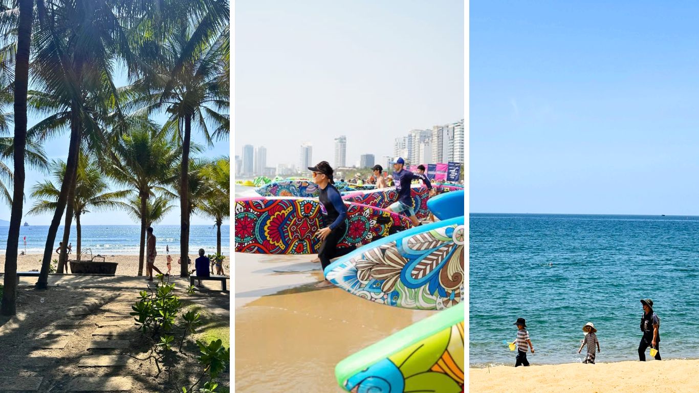 Three scenes of beach life in Da Nang showing palm tree shoreline, surfboards lined up on the sand and a family walking along the water's edge on a sunny day