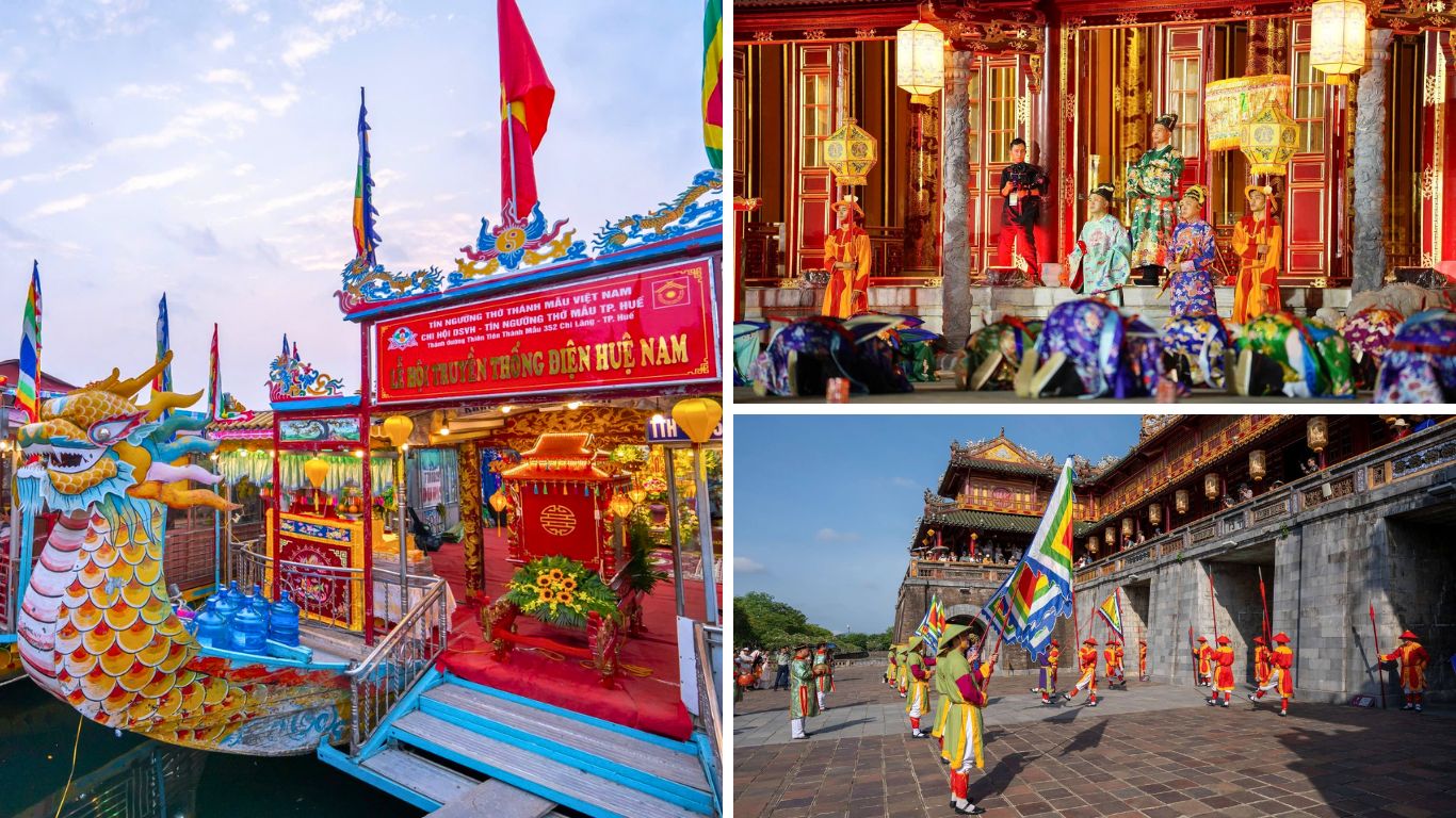 A decorated dragon boat lit up for a traditional festival on the Perfume River in Hue, performers in royal court costumes on a richly decorated stage, and a ceremonial guard procession in traditional Vietnamese imperial uniforms inside the Imperial Citadel.