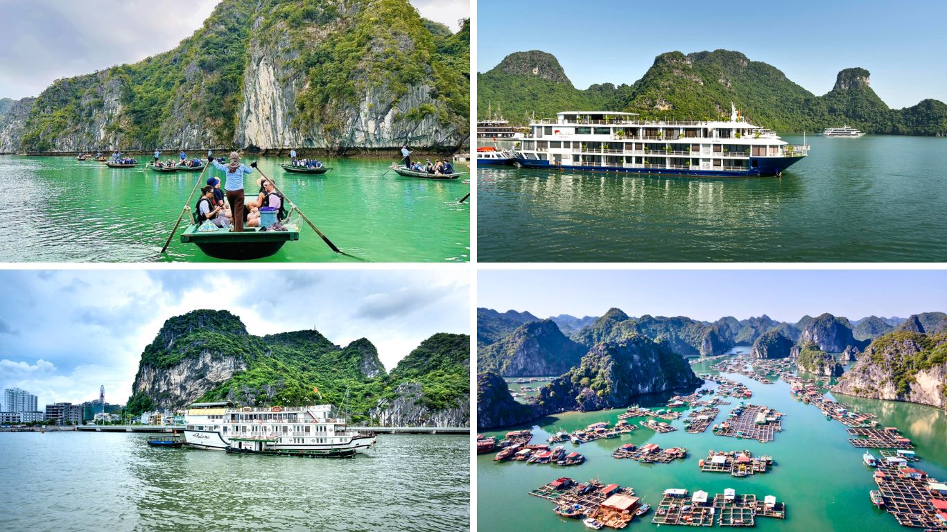 Four views of Halong Bay showing tourists on traditional rowing boats among karst islands, a luxury cruise ship on calm waters, a classic junk boat docked at the pier, and an aerial view of a floating fishing village surrounded by limestone formations.