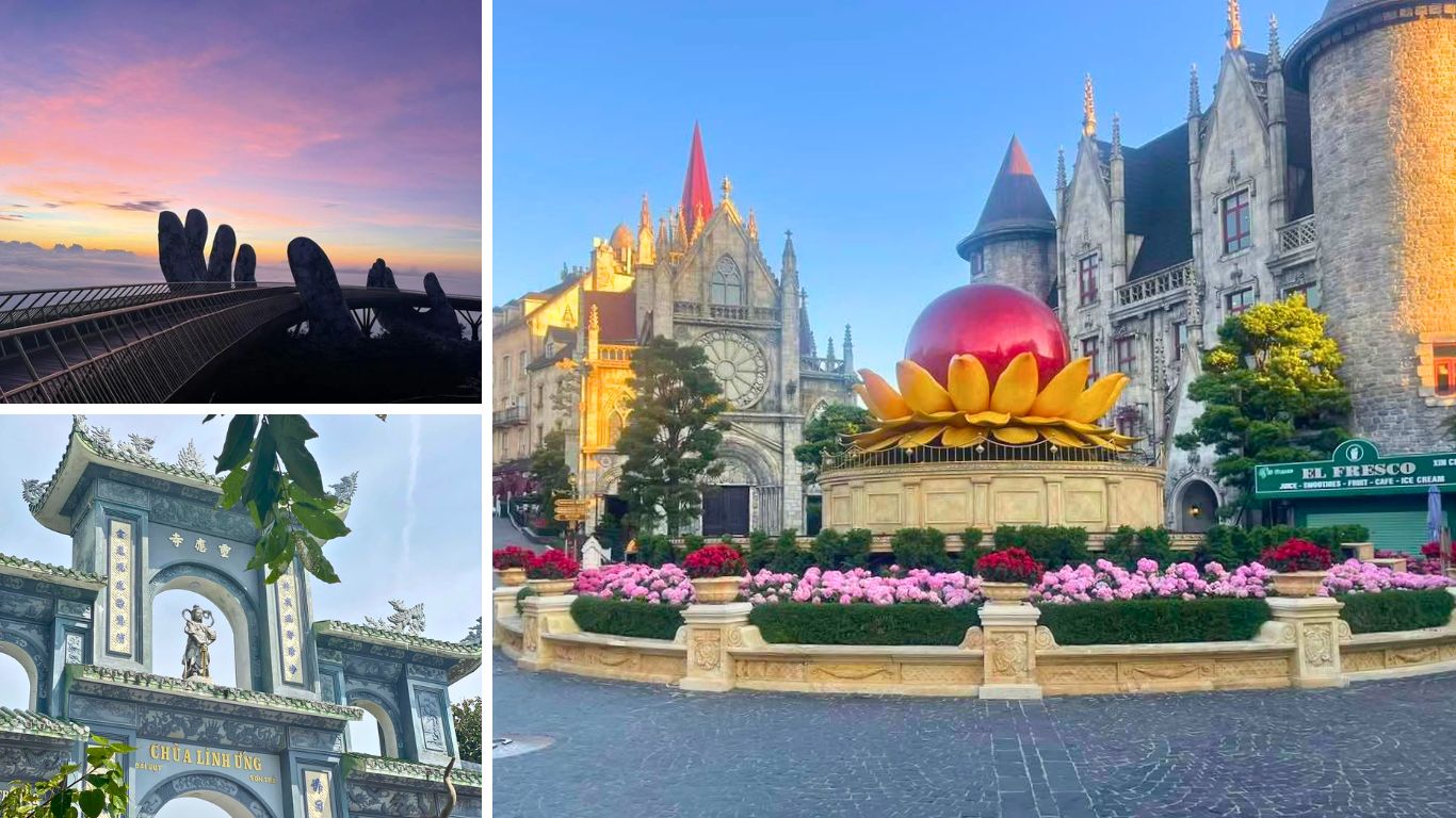 Collage of Da Nang highlights featuring the Golden Bridge silhouetted against a sunset sky, the entrance gate of Linh Ung Pagoda on Son Tra Peninsula, and the European style French village at Ba Na Hills
