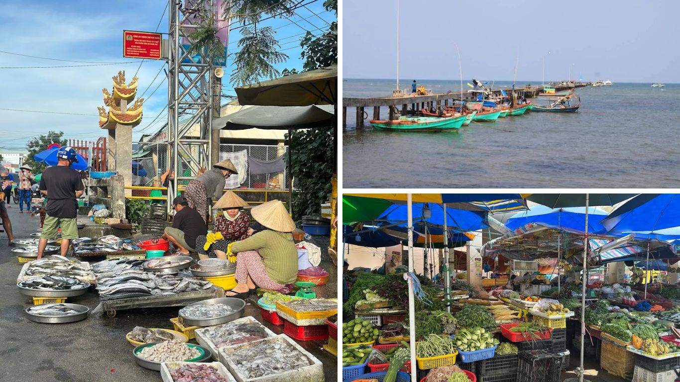  Phu Quoc local market showing vendors in traditional conical hats selling fresh seafood and vegetables, fishing boats docked at a harbour pier, and colourful produce stalls under tarpaulin covers in Duong Dong market