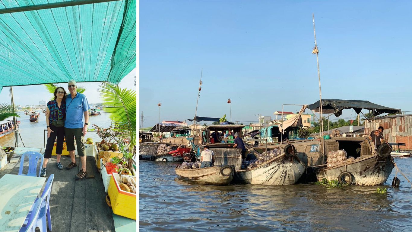 Cai Rang Floating Market in Can Tho, Mekong Delta, showing tourists on a covered river boat and wholesale wooden trading boats loaded with fresh produce on the river at sunrise in southern Vietnam.