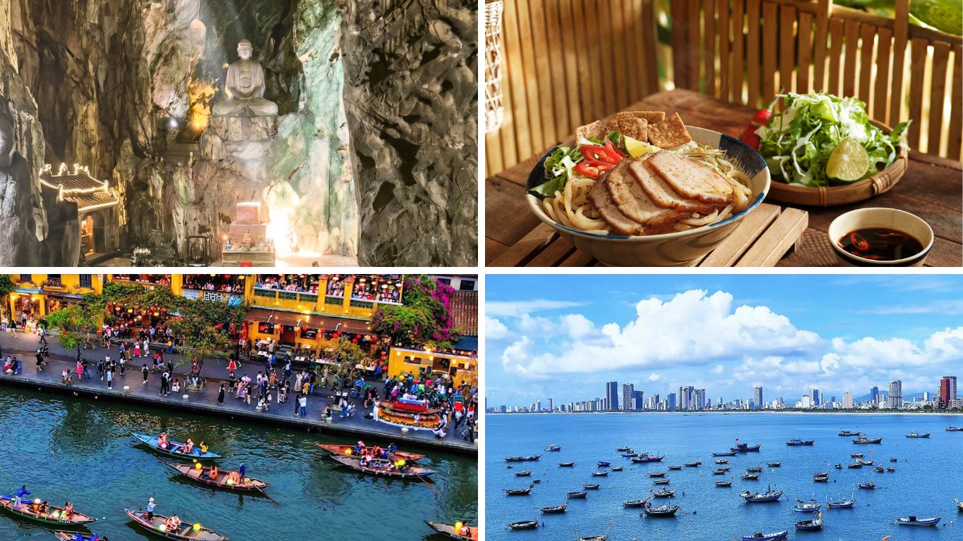 Four scenes from Central Vietnam including a illuminated Buddha statue inside Marble Mountains cave, a bowl of Cao Lau noodles served with fresh herbs, aerial view of lantern boats on the Thu Bon River in Hoi An at night, and Da Nang city skyline viewed from the bay with fishing boats in the foreground