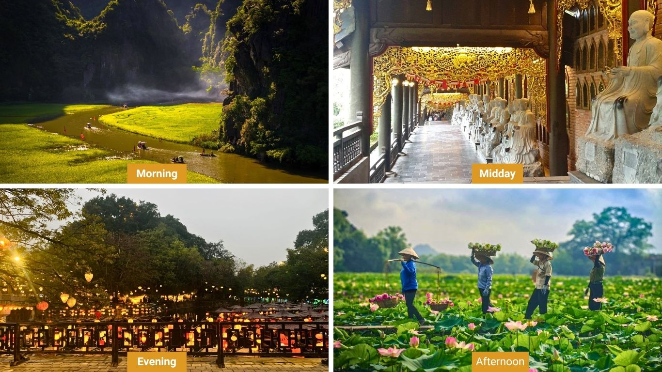 Full day Ninh Binh itinerary showing morning boat tour through misty karst river, midday visit to Bai Dinh Pagoda corridor with Arhat statues, afternoon lotus harvest with locals in conical hats, and evening lantern scene at Tam Coc night market.