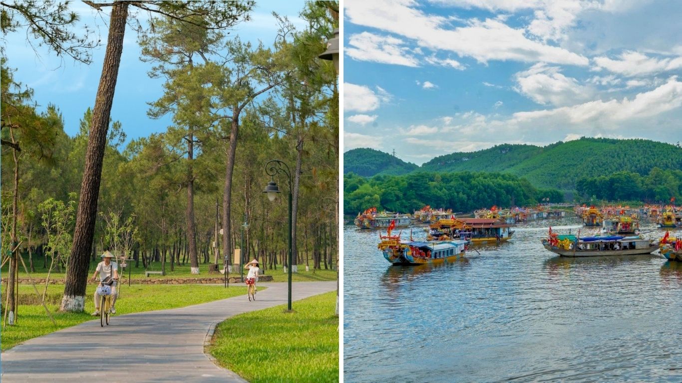 Two cyclists riding through a shaded pine forest path in Hue and traditional colourful boats gathered on the Perfume River with lush green hills in the background, showing Hue in June.