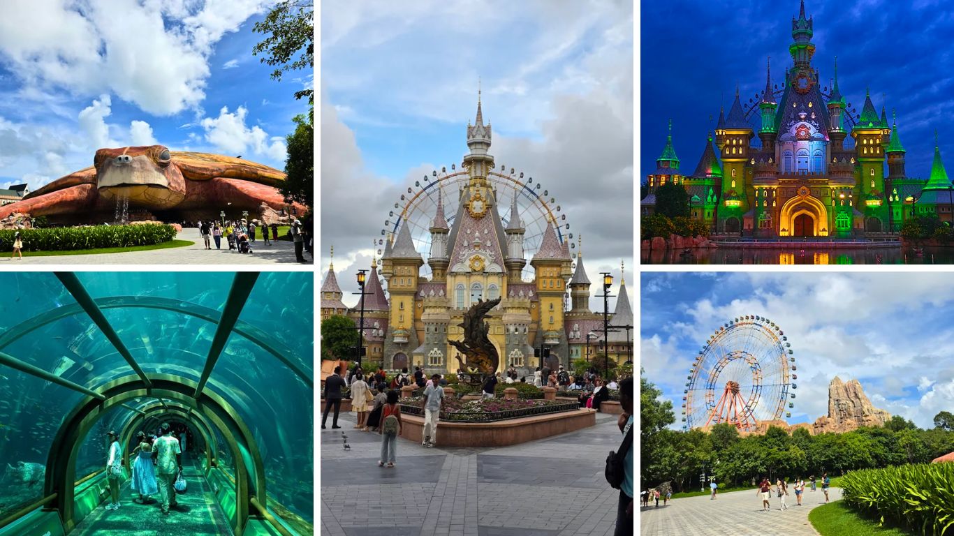 Collage of Grand World Phu Quoc attractions including an underwater aquarium tunnel, fantasy castle, illuminated theme park at night, giant turtle sculpture entrance, and outdoor ferris wheel