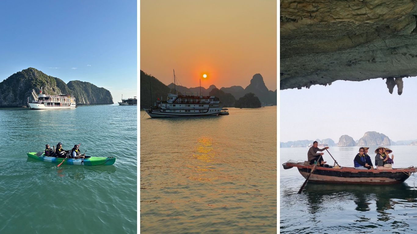 Three Halong Bay experiences captured together: a couple kayaking on turquoise water beside a cruise ship, a junk boat silhouetted against a golden sunset over limestone karsts, and tourists on a traditional wooden rowing boat framed by a cave entrance.