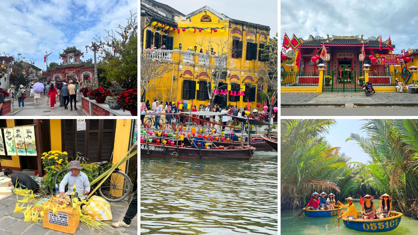 Collage of Hoi An ancient town showing the Japanese Covered Bridge, yellow colonial shophouses decorated with lanterns, a traditional assembly hall, a local vendor on a street corner, colourful lantern boats on the Thu Bon River, and tourists on a coconut basket boat tour through the water coconut forest