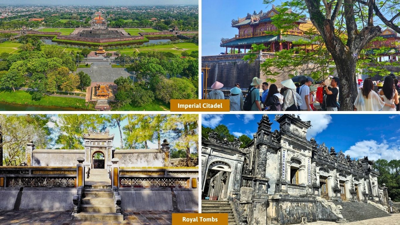 Aerial view of Hue Imperial Citadel surrounded by greenery, visitors exploring the ornate palace gates up close, and two royal tombs showing intricate stone architecture shaded by pine trees in Hue, Vietnam.