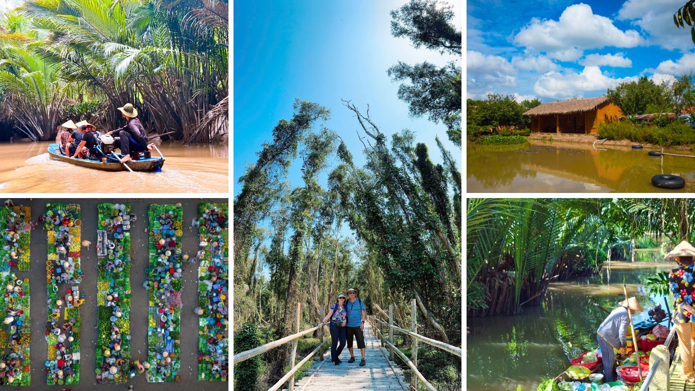 Mekong Delta travel experiences in June including boat rides through nipa palm canals, Cai Rang floating market from above, cajuput forest walk in Tra Su, traditional homestay in Ben Tre, and a local vendor selling fruit by boat in southern Vietnam.