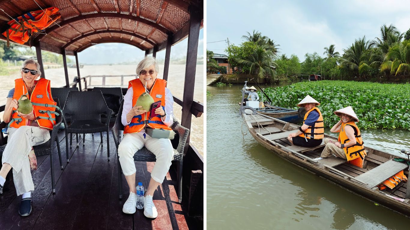Tourists wearing life jackets on a private river cruise in the Mekong Delta, enjoying fresh coconut on a covered boat on the main river and riding a wooden sampan through a narrow canal lined with water hyacinth and coconut palms in southern Vietnam.