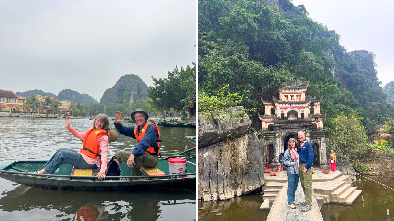 Couple on a private Ninh Binh 2 day tour, smiling on a rowing boat on the Tam Coc river and posing in front of Bich Dong Pagoda carved into a limestone karst.