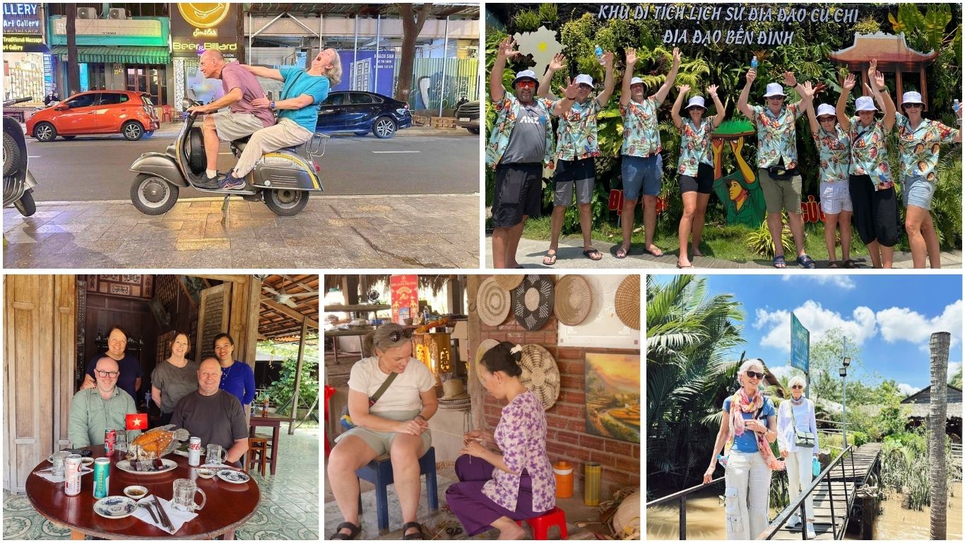 Tourists on a Vespa tour in Saigon, visiting Cu Chi Tunnels, enjoying a local meal, exploring a craft village and walking through the Mekong Delta in June
