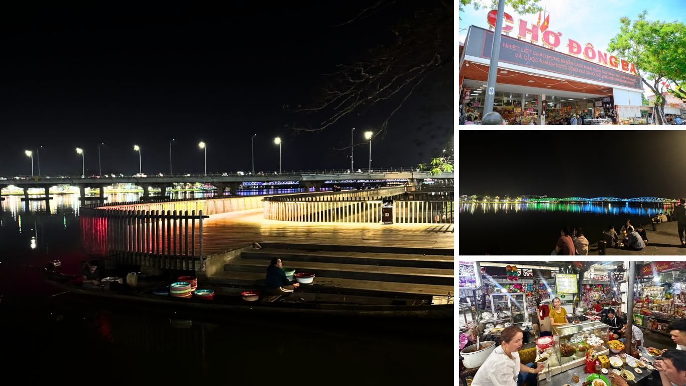 Hue at night showing the illuminated Perfume River waterfront with locals sitting along the boardwalk, Cho Dong Ba market bustling with shoppers during the day, colourful bridge lights reflecting on the river, and a lively street food stall with diners eating local Hue cuisine.