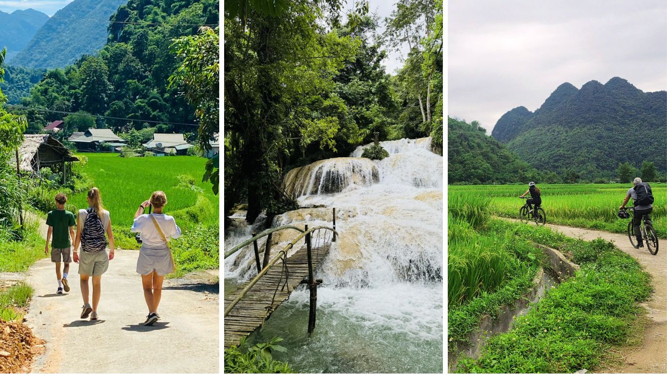 Three scenes from Pu Luong showing travelers walking through a village beside rice fields, a rushing waterfall over a bamboo bridge, and two cyclists riding along a narrow path through green paddy fields.