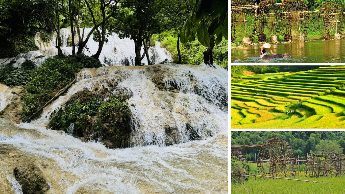 Collage of Pu Luong in the green season featuring a powerful cascading waterfall, layered rice terraces, bamboo water wheels beside rice paddies, and a farmer wading through a river.