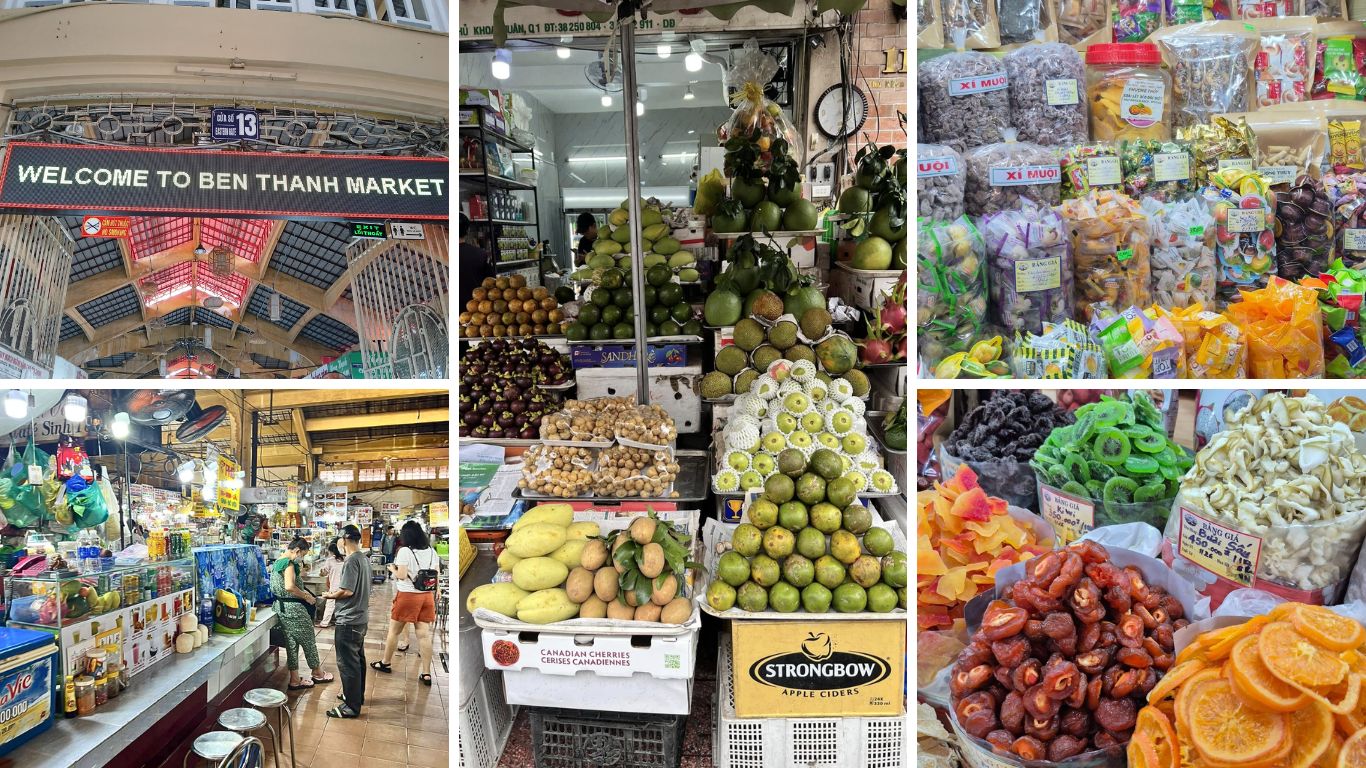 Ben Thanh Market interior with tropical fruits, dried snacks and local produce on display in Ho Chi Minh City in June