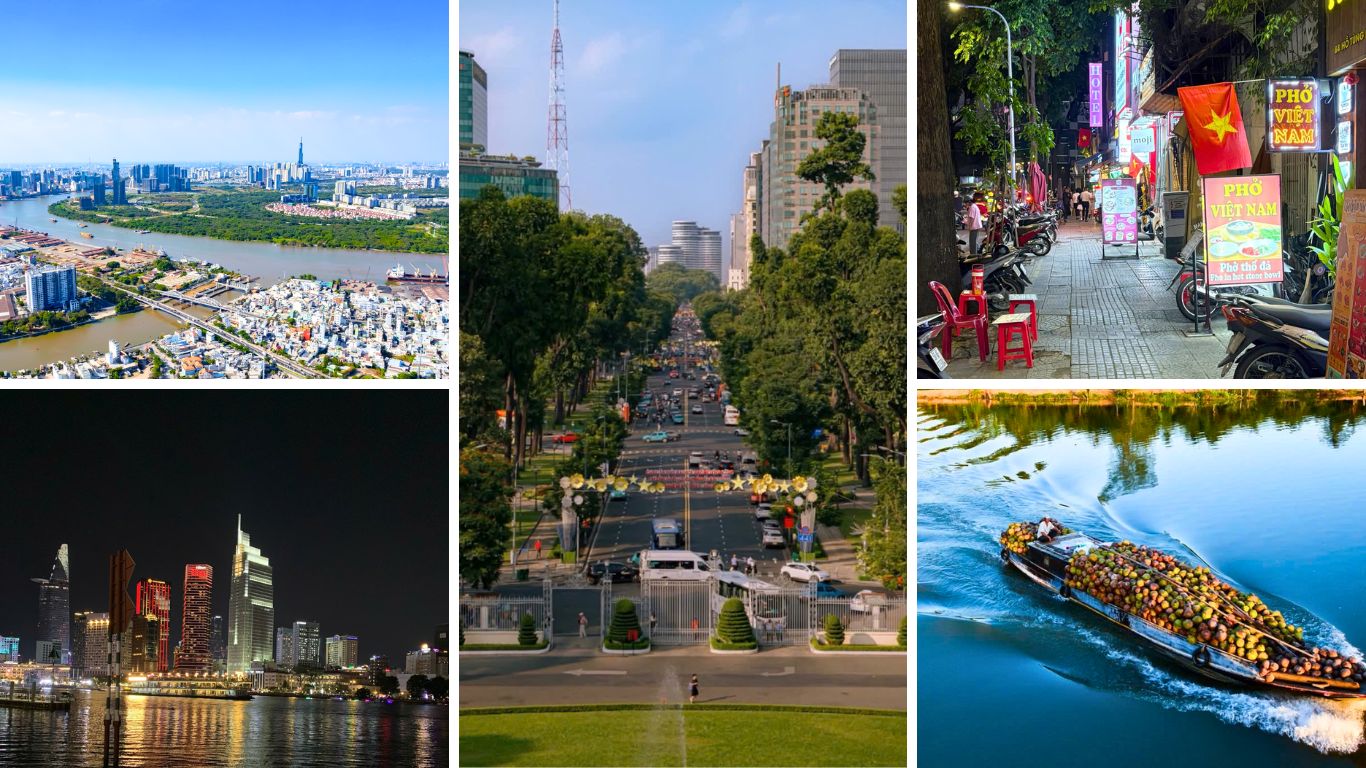 Ho Chi Minh City skyline, tree-lined boulevard near Independence Palace, local street food alley, riverside night view and Mekong boat loaded with tropical fruit in June