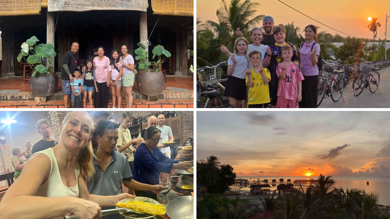 Mekong Delta homestay experiences including guests welcomed at a traditional Vietnamese guesthouse, a family cycling tour at sunset with a local guide, tourists learning to cook Vietnamese food in a local kitchen, and a golden sunset over the Mekong riverside with stilt houses and palm trees.