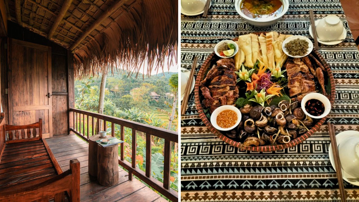Wooden stilt house balcony overlooking Pu Luong valley beside a traditional Thai ethnic meal served on a woven cloth tablemat.