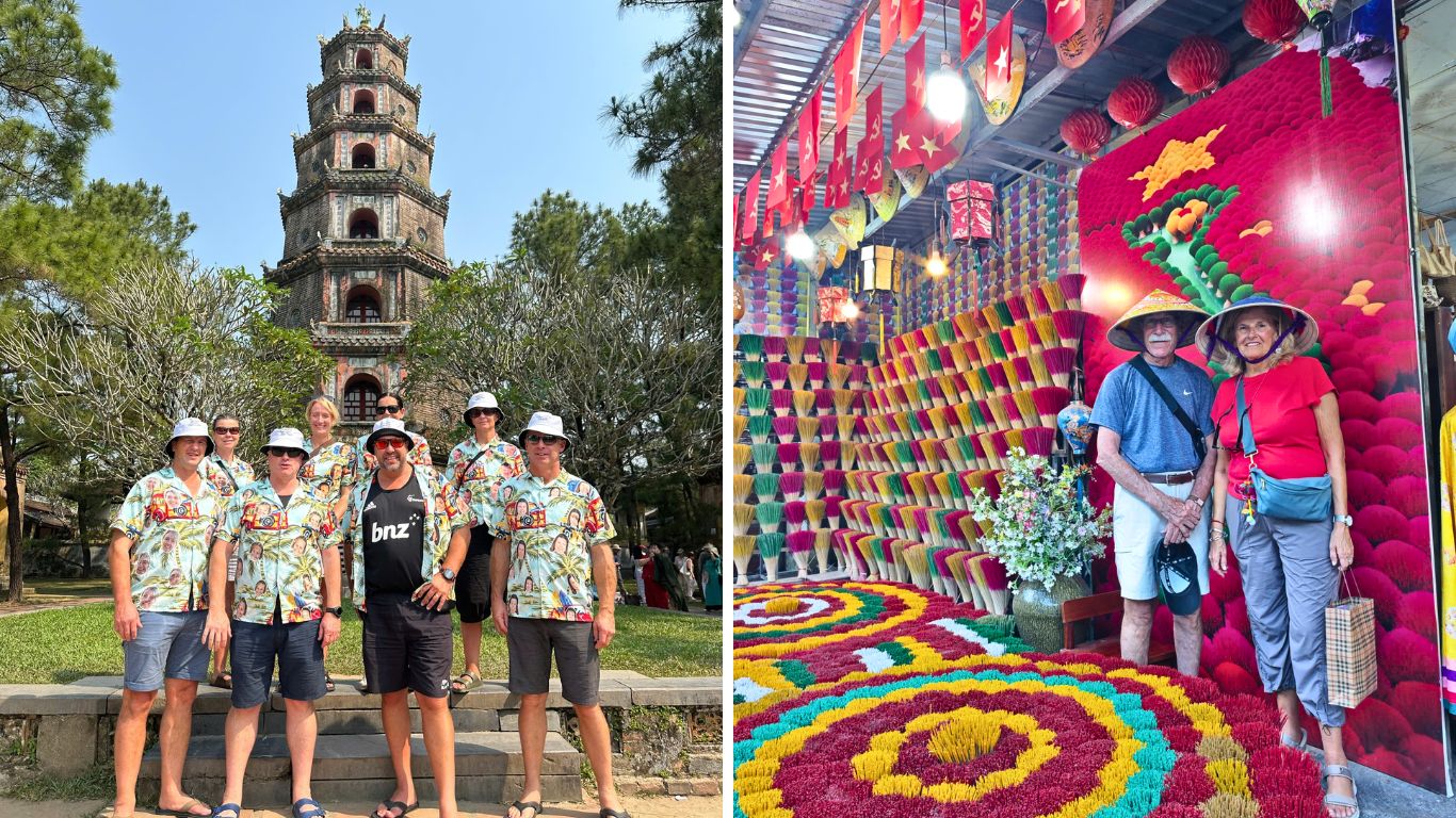 A group of tourists posing in front of Thien Mu Pagoda in Hue on a sunny summer day, and a couple wearing conical hats standing inside a vibrant traditional incense workshop surrounded by colourful handmade incense sticks.
